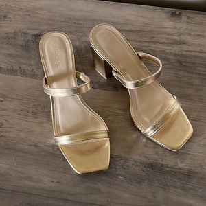 metallic gold block heels